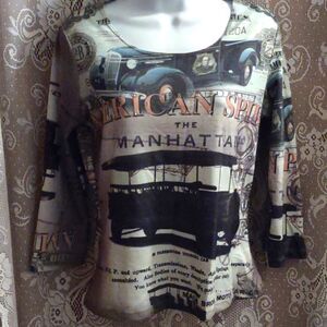 Expresso American Spirit Women's‎ Sz M Top Nostalgia Money Motor Cars 3/4 sleeve